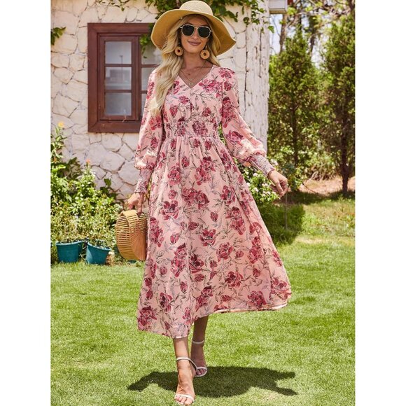 Women's Floral Maxi Dress Long Sleeve V Neck Boho Beach Party Wedding Casual - Picture 4 of 7